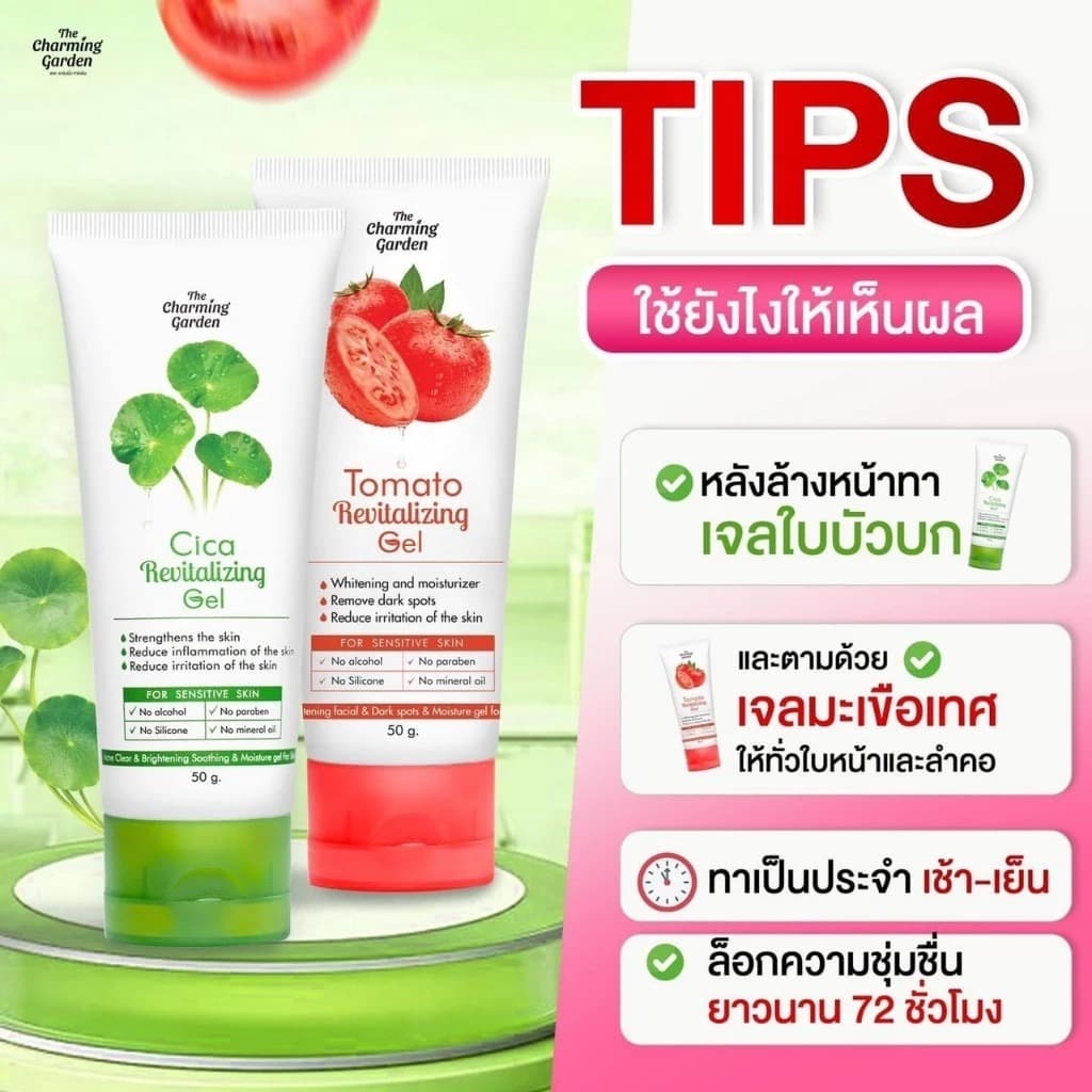 The Charming Garden Cica / Tomato Revitalizing Gel 50g. กู้ผิวใบบัวบก ใบบัวบก เจลมะเขือเทศ เจลกู้ผิว สำหรับผิวแพ้ง่าย รูปที่ 2