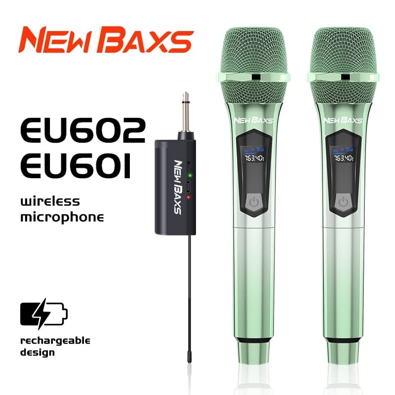 New Baxs ไมโครโฟนคู่ไร้สาย UHF รุ่นEU601/EU602ไมโครโฟนชาร์จแบบชุบสี ระยะ 5V 50 ม ฟุต สำหรับปาร์ตี้ ร้องเพลงคาราโอเกะ KTV รูปที่ 1