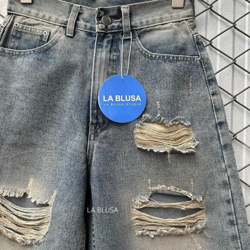 LABLUSA - LBS326 : กางเกงยีนส์ขา 4 ส่วน แต่งขาดเซอร์ วินเทจ รูปที่ 7