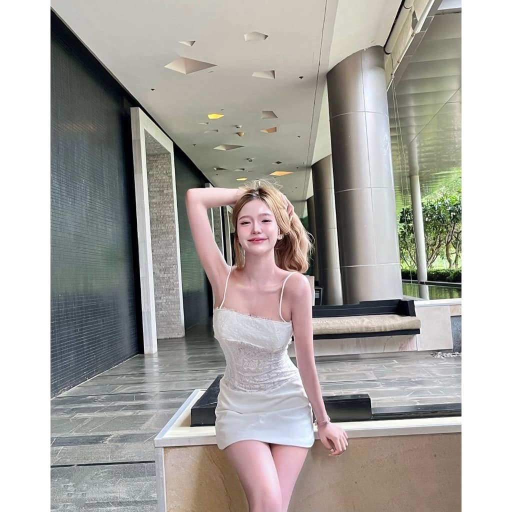Zinnia Dress - รวมทุกสี ขาว ดำ ชมพู เดรสสายเดี่ยวเข้ารูปกับยางมัดผมดอกไม้ค่ะZN รูปที่ 8