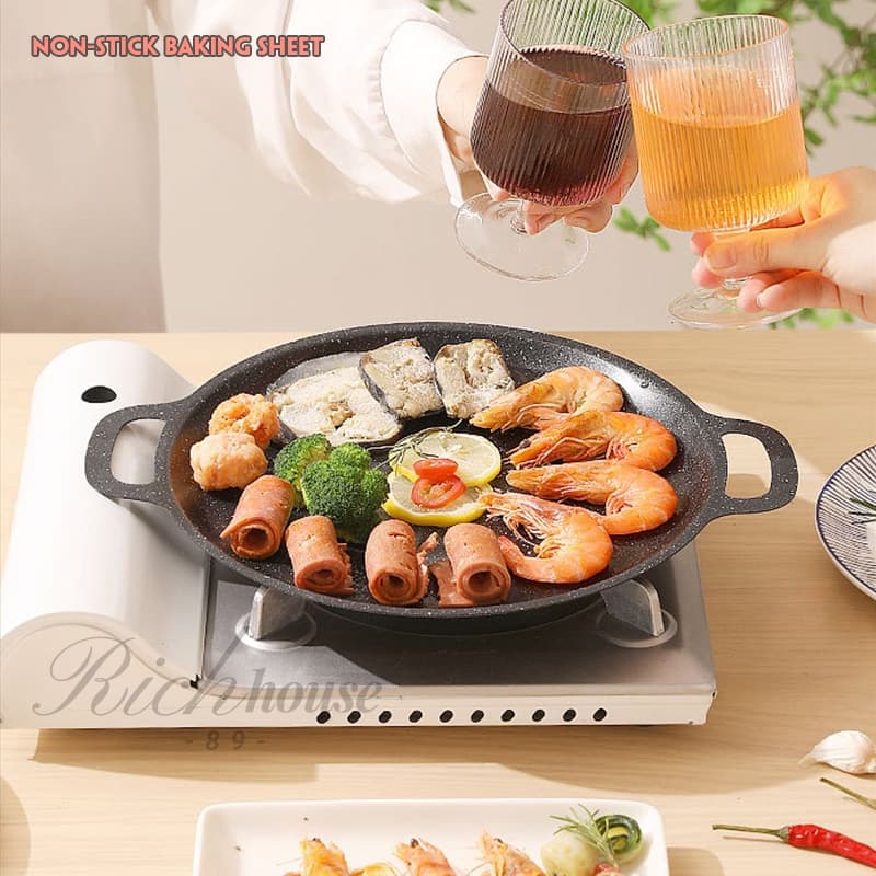 นอกบ้าน หูคู่ ถาดบาร์บีคิว ตั้งแคมป์ 33cm รอบ กระทะไม่ติด สไตล์เกาหลี จานบาร์บีคิว ถาดไข่ดาว B0146