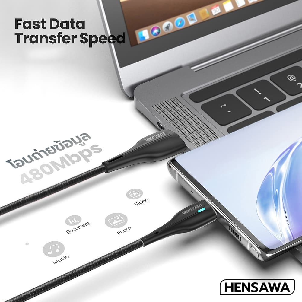 HENSAWA รุ่น US3098 สายชาร์จเร็ว 3A USB To L Micro Type-c สีดำ สายPVC 1m ชาร์จไว USB C Fast Charge Cable & Sync รูปที่ 7
