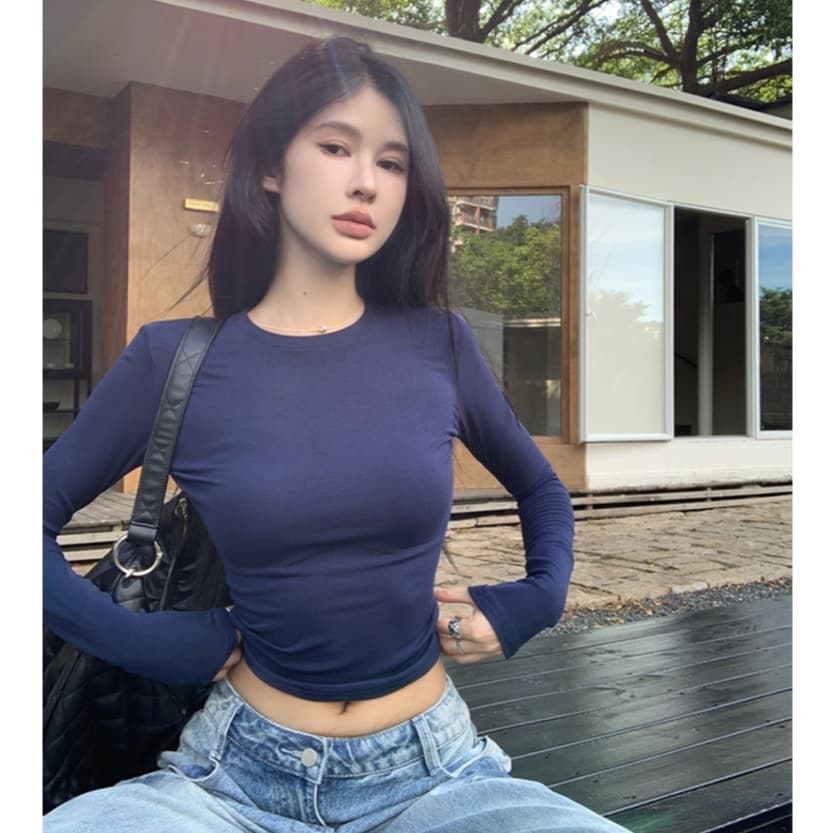เสื้อยืดเเขนยาวผญ เสื้อครอปท็อปแขนยาว สีพื้น งานเกาหลี เเบบลำลอง ใส่เเล้วดูผอม #020277 รูปที่ 6