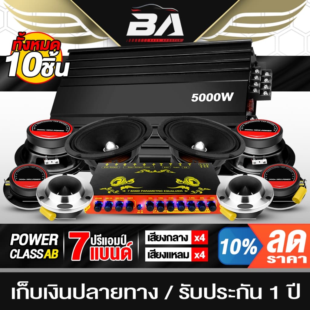 BA SOUND ชุดเครื่องเสียงรถยนต์10ชิ้น เพาเวอร์แอมป์ Class AB 4CH.+ปรีแอมป์+ลำโพง 6.5นิ้ว+ทวิตเตอร์4นิ้ว ชุดลำโพงติดรถยนต์ รูปที่ 1