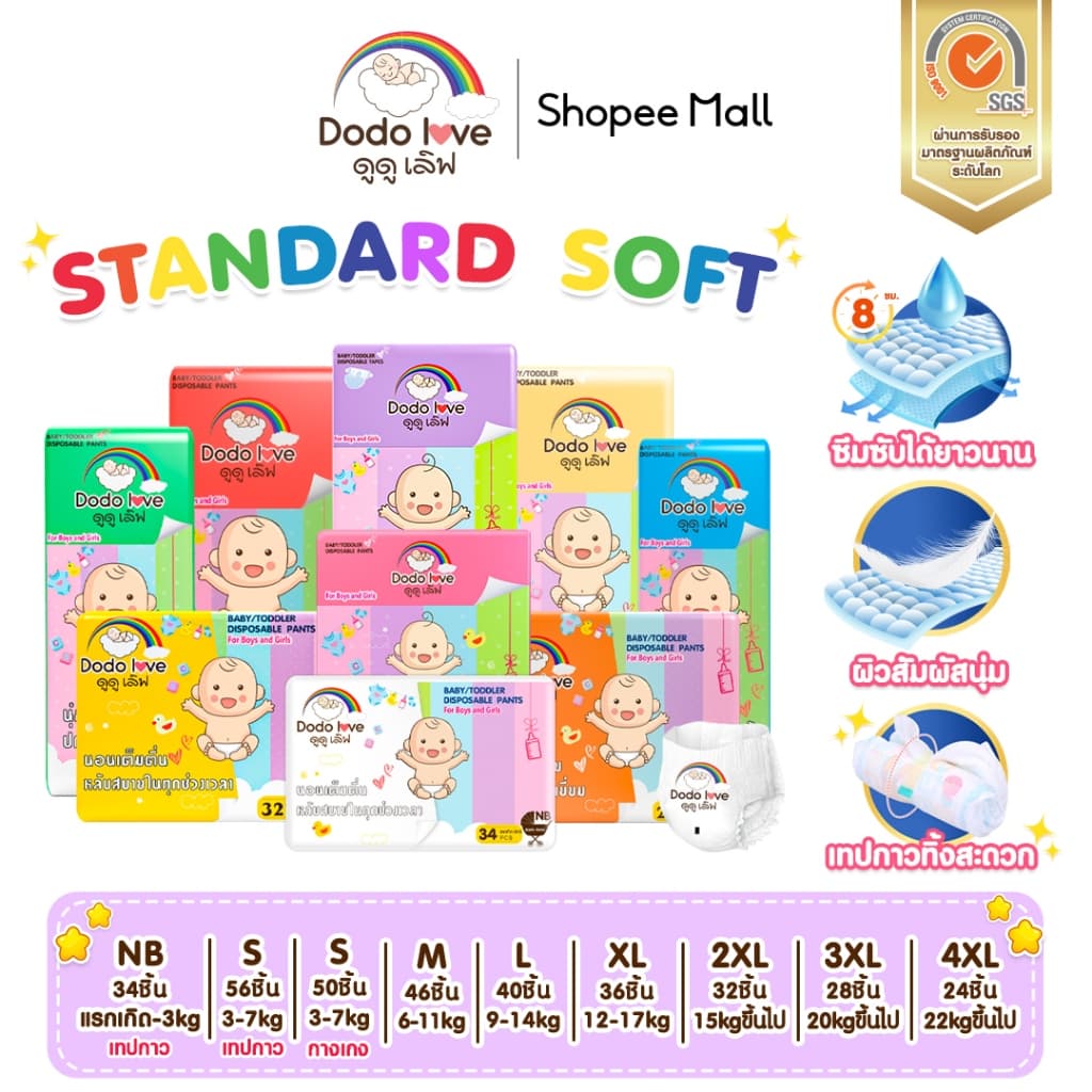 แพ็คเดี่ยว DODOLOVE Standard Soft กางเกงผ้าอ้อม Size NB-4XL นุ่ม บางเบา ใส่สบาย ผ้าอ้อม มีโลเทปม้วนทิ้ง รูปที่ 8