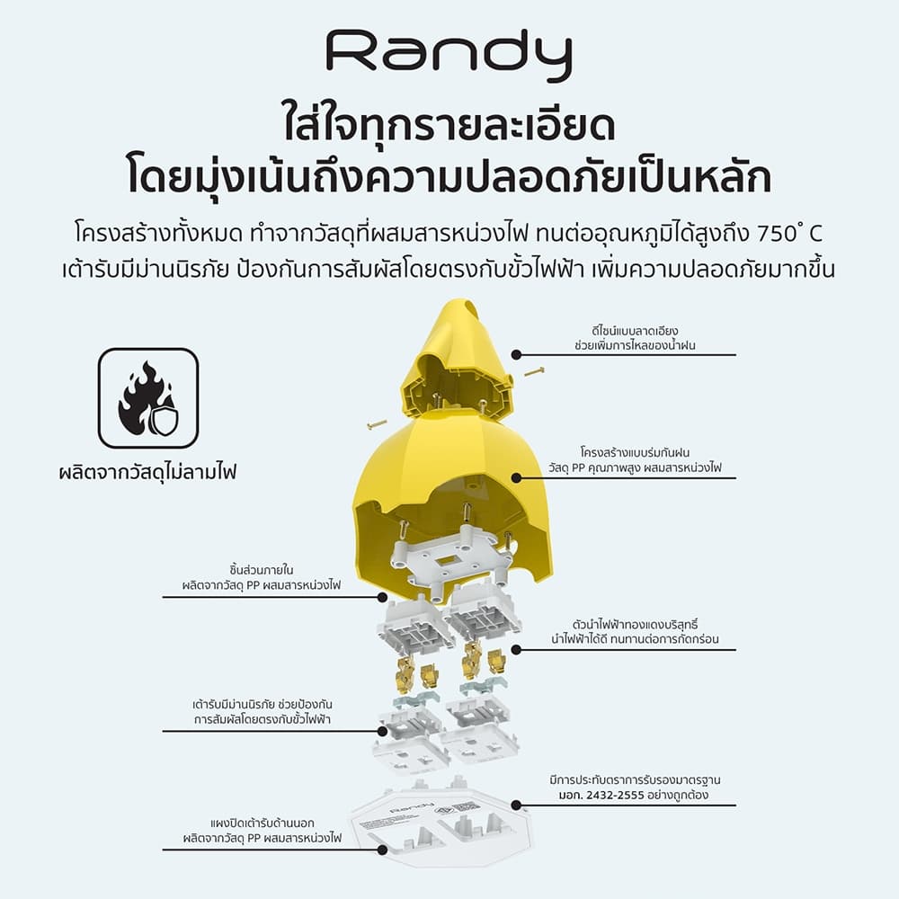 Randy 2ช่อง ปลั๊กไฟ กันฝน มอก. 3M 5M 10A 2300W ปลั๊กพ่วง สาย100%ทองแดง วัสดุทนไฟ รูปที่ 7