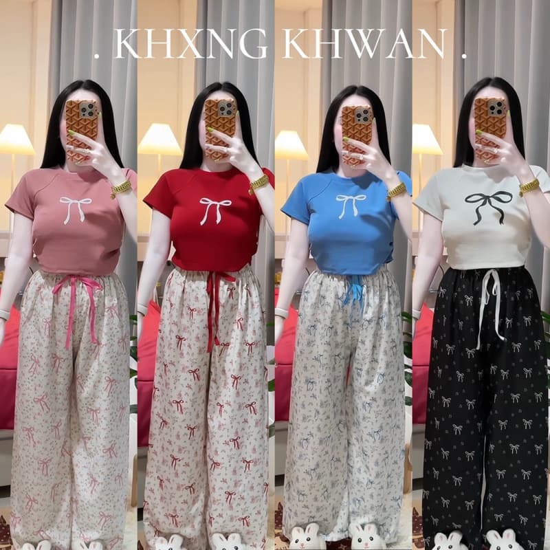 เซ็ท2ชิ้น กาวเกงโบว์เสื้อครอปเอวจั้ม สินค้าในไทย รูปที่ 1
