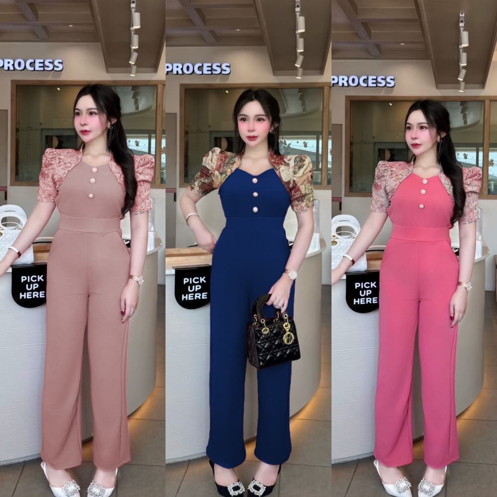 สินค้าพร้อส่ง ชุดเซตผ้าวูลเวฟ เสื้อคอระหงส์แขนแต่งผ้าทอแต่งย่นแต่งกระดุมมุก+กางเกง รูปที่ 1