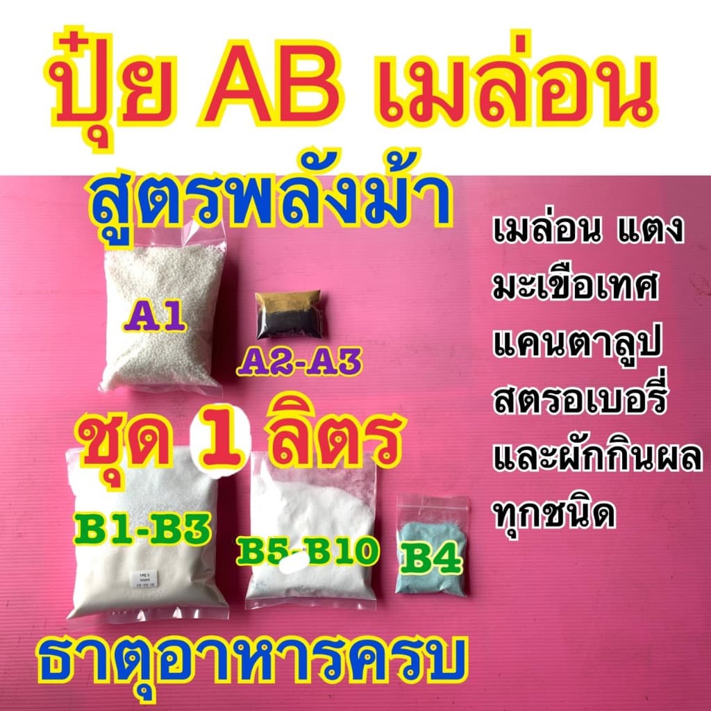 ปุ๋ย AB สูตรเมล่อน ปุ๋ยกันชา สูตรพลังม้า แคนตาลูป แตง มะเขือเทศ สตรอเบอรี่ และผักกินผลทุกชนิด ธาตุครบ ขนาด 1, 2, 3ลิตร รูปที่ 1