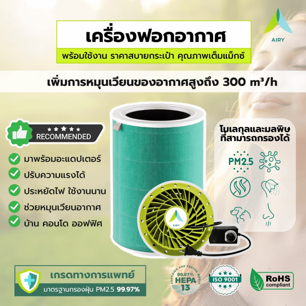 เครื่องฟอกอากาศ DIY ใช้แทนเครื่องฟอกอากาศMI พร้อมอแดปเตอร์ ปรับความเร็วลมได้ ไส้กรองอากาศ ไส้กรอง รูปที่ 1