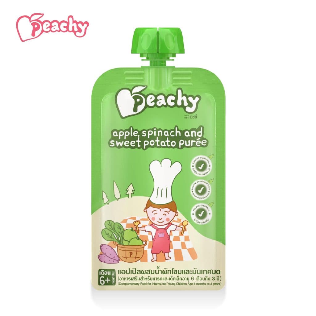 Peachy อาหารเสริมสำหรับเด็ก รสแอปเปิลผสมน้ำผักโขมและมันเทศบด 1 ถุง รูปที่ 1