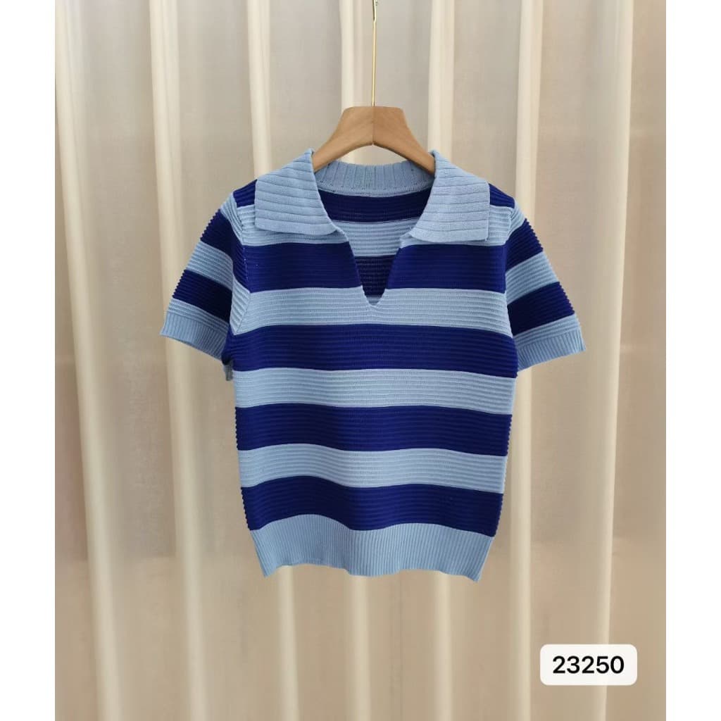 เสื้อแขนสั้นโปโลคอวีผู้หญิง เสื้อครอป ลายทาง สวมใส่สบาย รูปที่ 7