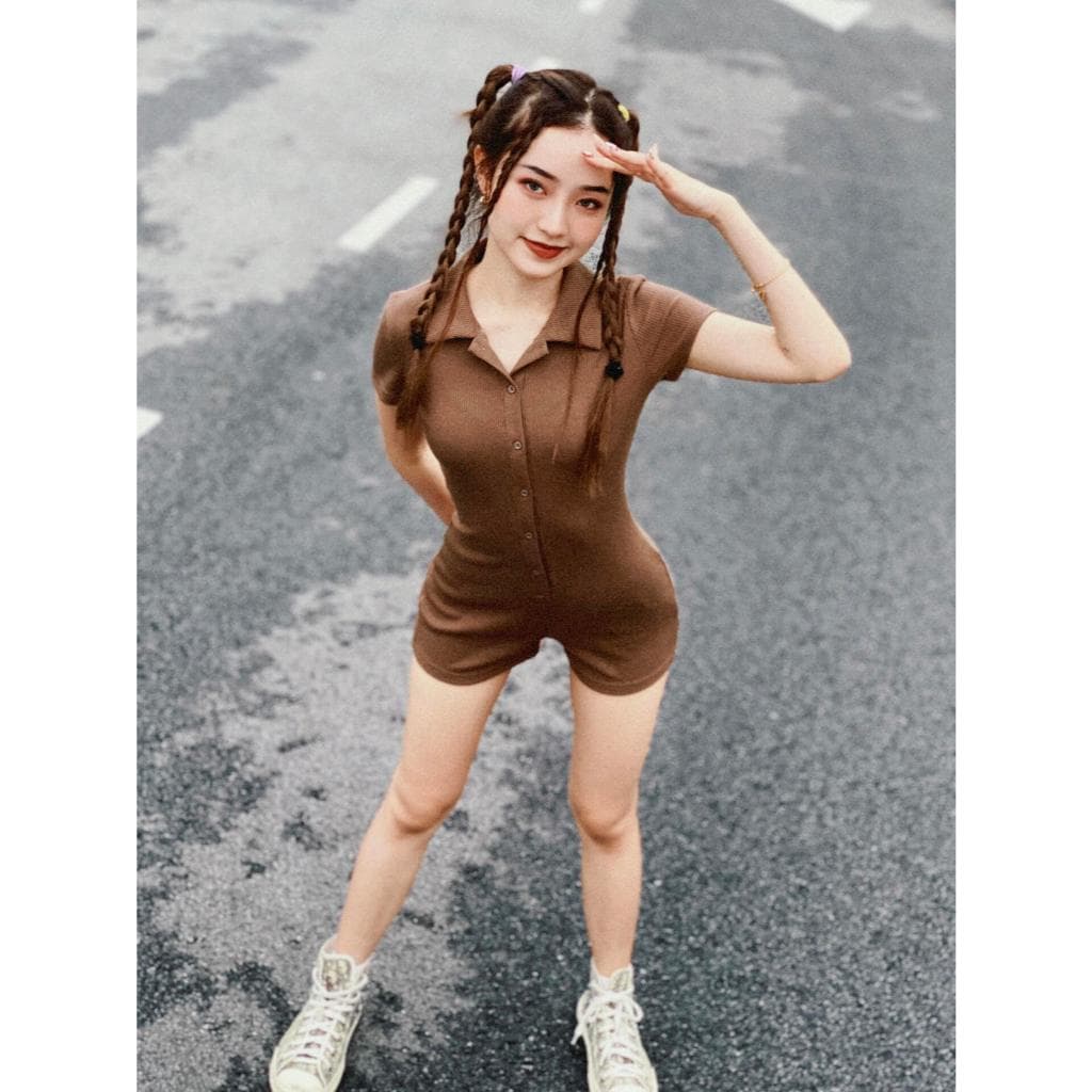 บอดี้สูท ชุดโยคะ ผู้หญิง คอปก แขนสั้น กระดุมหน้าจริง ผ้าร่องอย่างดี กระชับยืดหยุ่น เก็บทรง #1207 รูปที่ 3