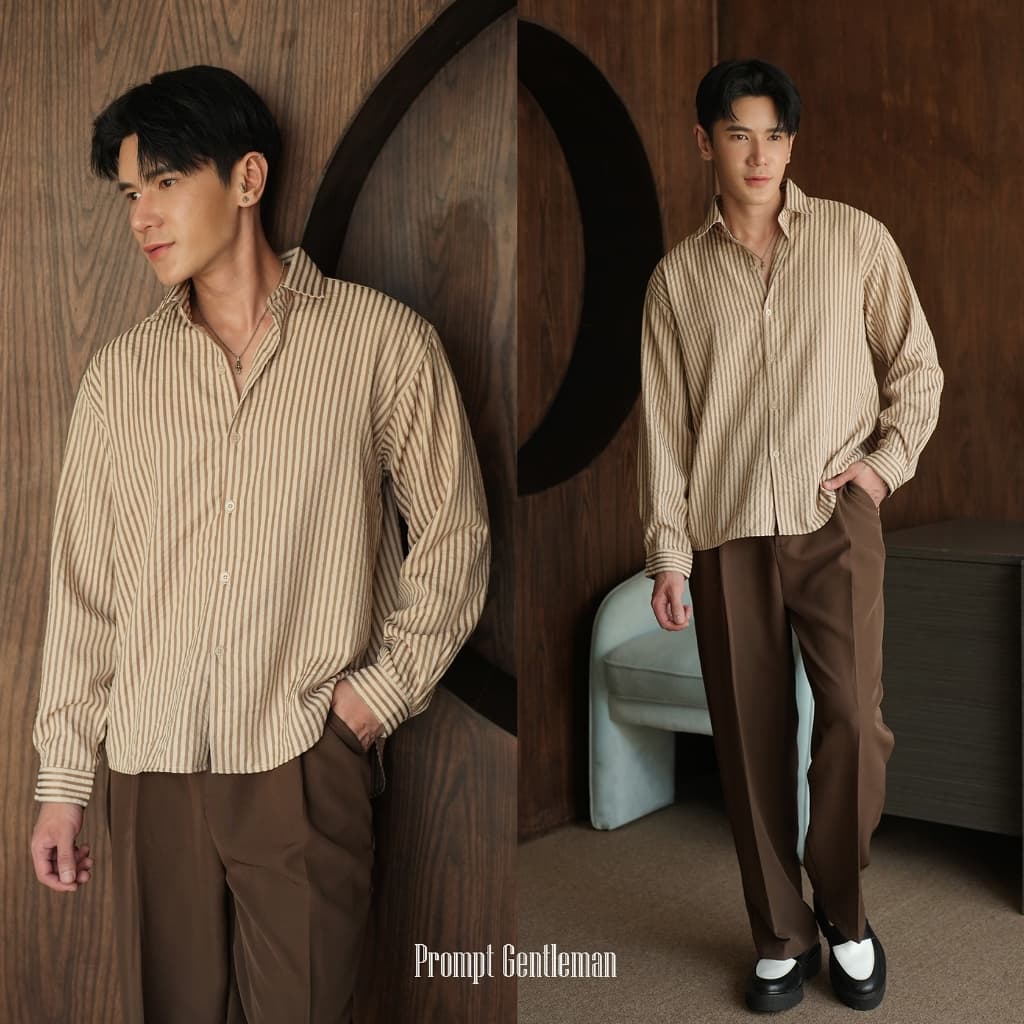 เสื้อเชิ้ตครอปชายโค้ง ลายริ้ว หน้าสั้นหลังยาว Unisex Prompt Semi Crop Stripe Shirt มีไซส์ 40/44/48" รูปที่ 4