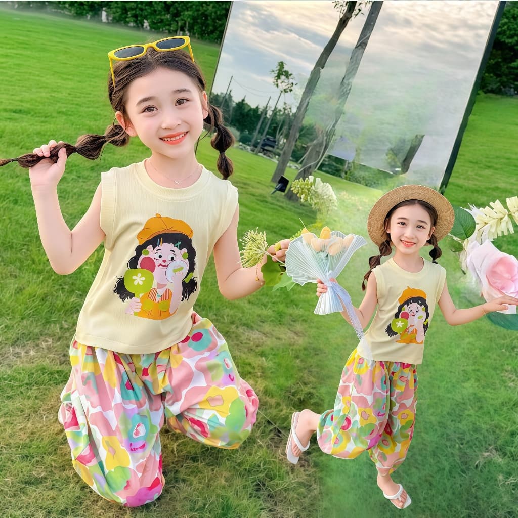 baby ชุดเช็ท เสื้อเเขนกุด+กางเกงลายดอกไม้ สีพาลเทลสุดน่ารัก สำหรับเด็กผู้หญิง เนื้้อผ้าใส่สบาย