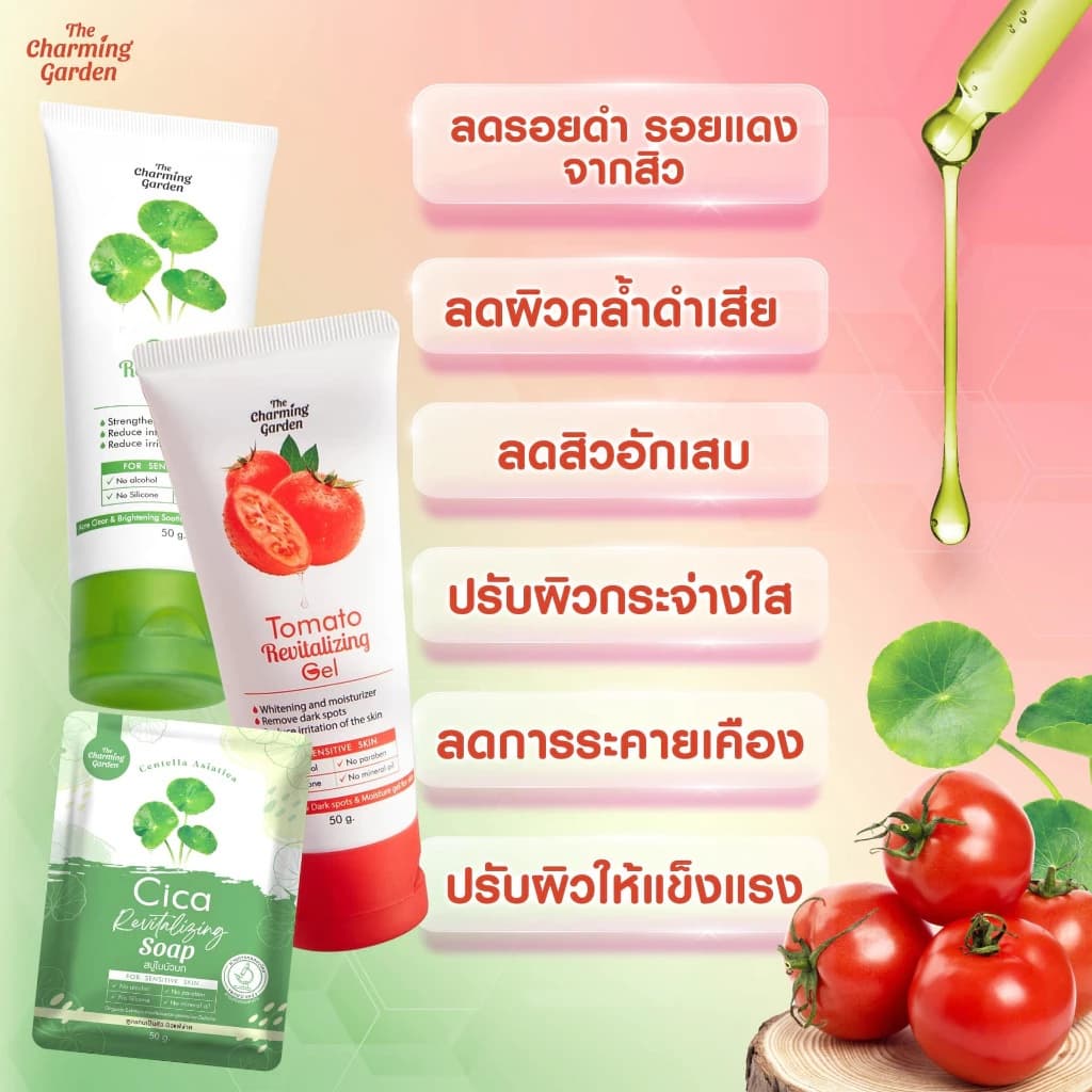 THE CHARMING กู้ผิว ใบบัวบก เจลมะเขือเทศ ทะเมโท รูปที่ 2