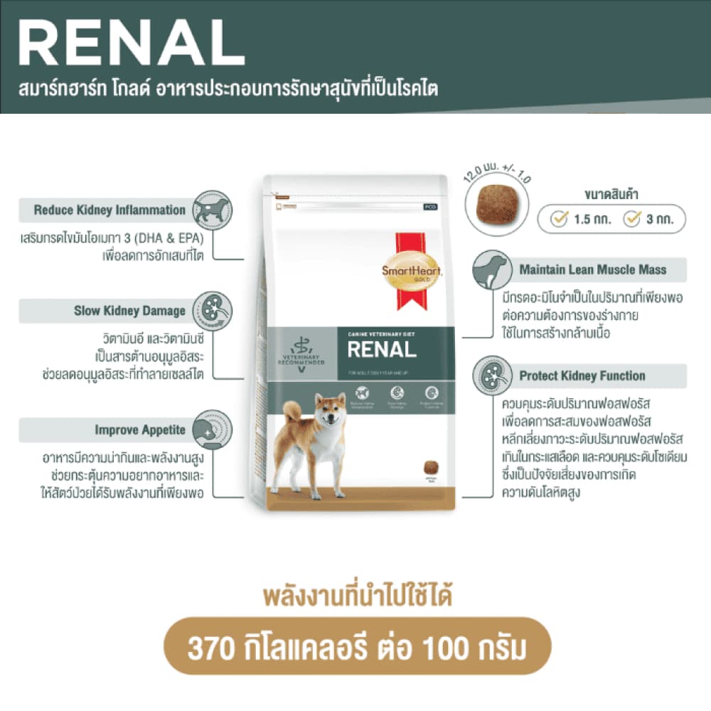 Smartheart Gold อาหารประกอบการรักษาโรค สุนัข โรคไต Renal / โรคนิ่ว ปัสสาวะ Urinary ขนาด 1.5 kg รูปที่ 2