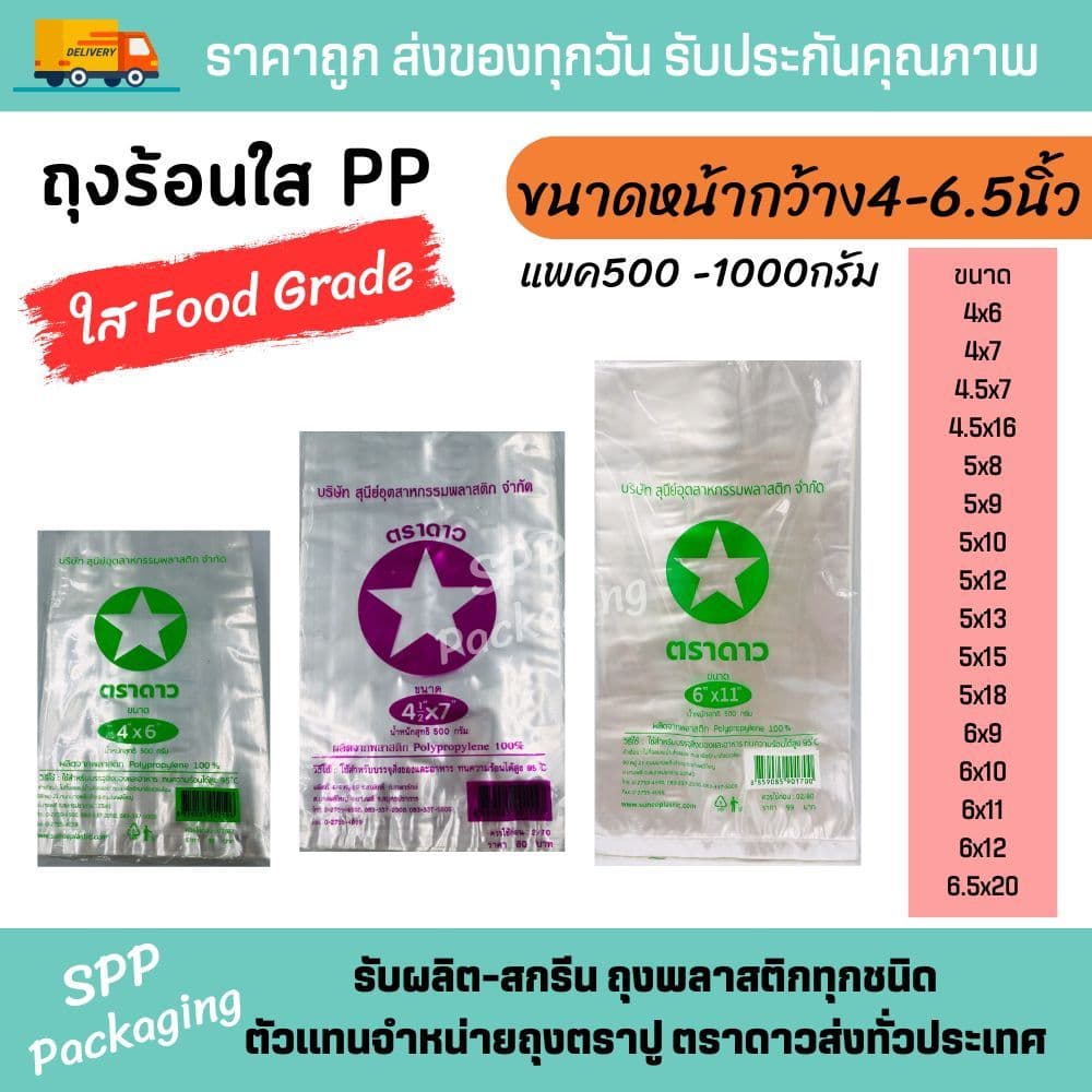 ถุงร้อนบาง PP ตราดาว ถุงใส่อาหาร ใส่แกง ไซส์มาตรฐาน หน้ากว้าง 4นิ้ว/4.5นิ้ว/5นิ้ว/6นิ้ว/6.5นิ้ว รูปที่ 1