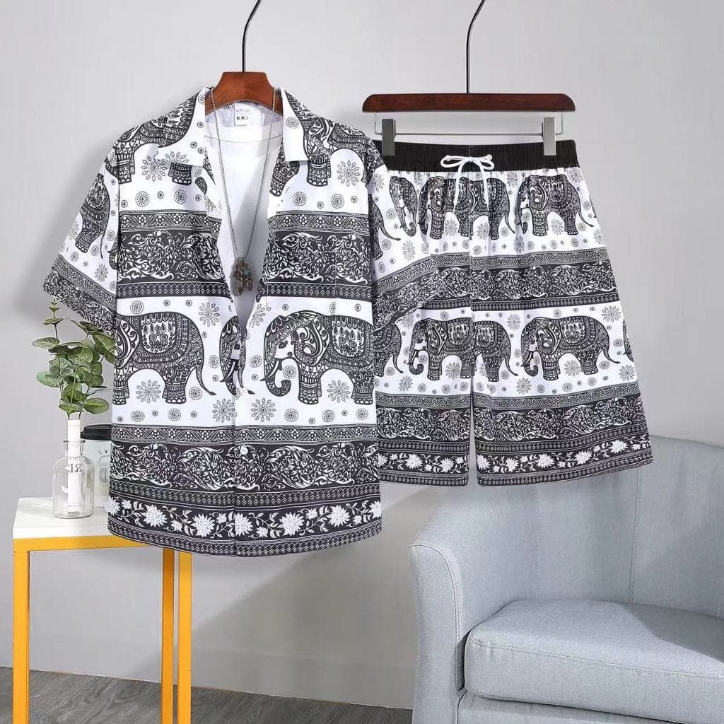 2088#เสื้อเชิ้ตเป็นชุดแบบใหม่ล่าสุดฮาวายลายช้าง เสื้อ + กางเกง