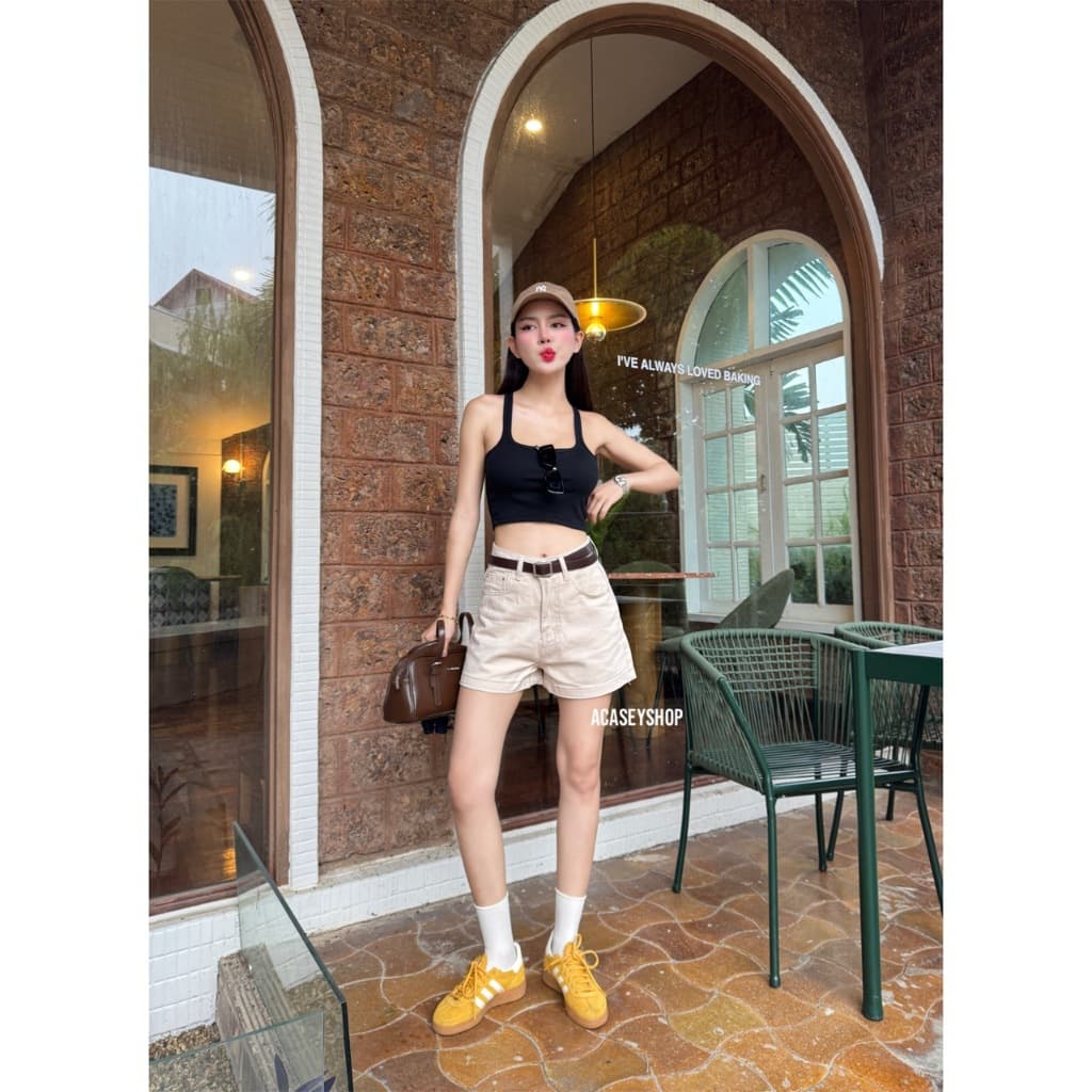 Acasey กางเกงยีนส์ผู้หญิง ขาสั้น ผ้ายีนส์ไม่ยืด ป้าย vintage ใส่สบาย ไซส์ S - XL รุ่น vintage Short รูปที่ 6