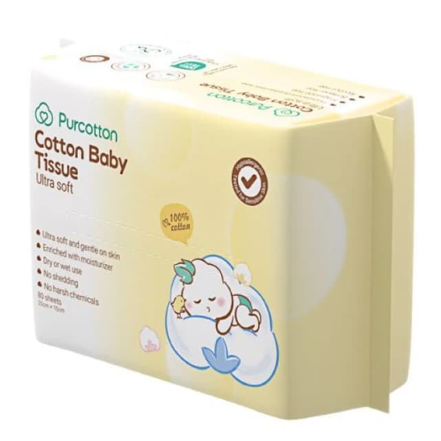Purcotton Baby Tissue ทิชชูผ้าฝ้ายเด็ก 50กรัม บรรจุ 80แผ่น รูปที่ 3