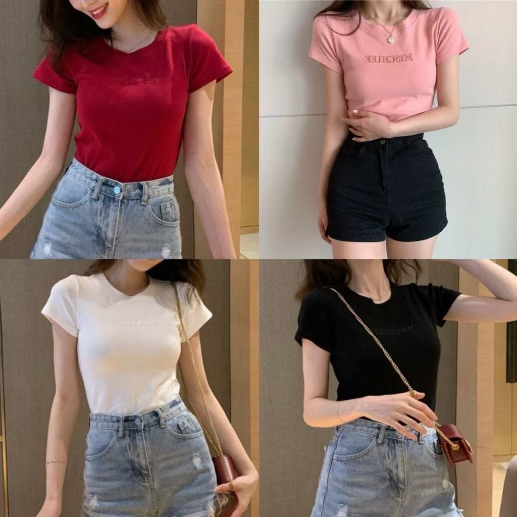 คริสต์มาสสีแดงเสื้อครอปแฟชั่นผู้หญิง คอเหลี่ยม สไตล์เซ็กซี่ แขนสั้น ผ้าดีผ้านิ่ม ใส่สบาย ไม่ร้อน ไม่ต้องรีด รุ่นใหม่เสื้ รูปที่ 1