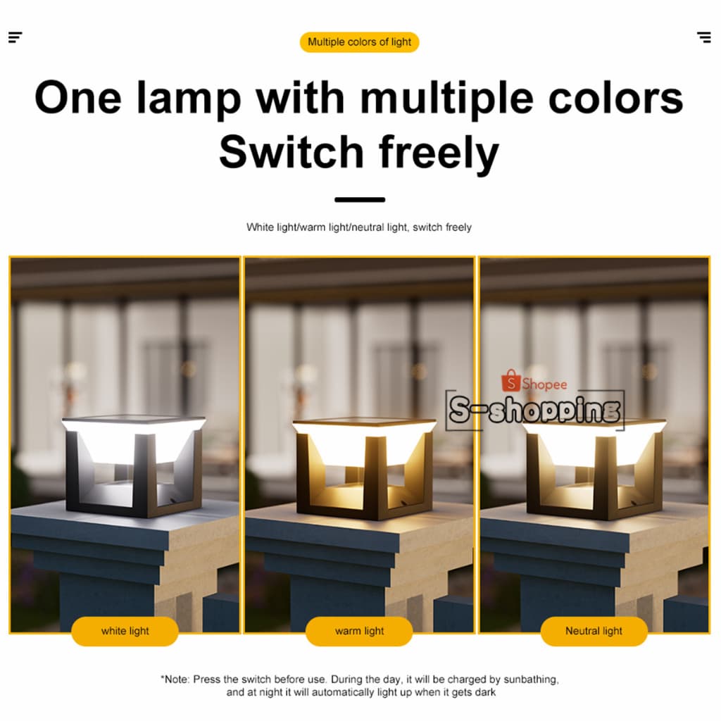 โคมไฟหัวเสา Y140 Solar light pillar lamp 14CM 3ระบบไฟ ไฟโซล่าเซลล์กลางแจ้ง กันฝนIP65 รูปที่ 5