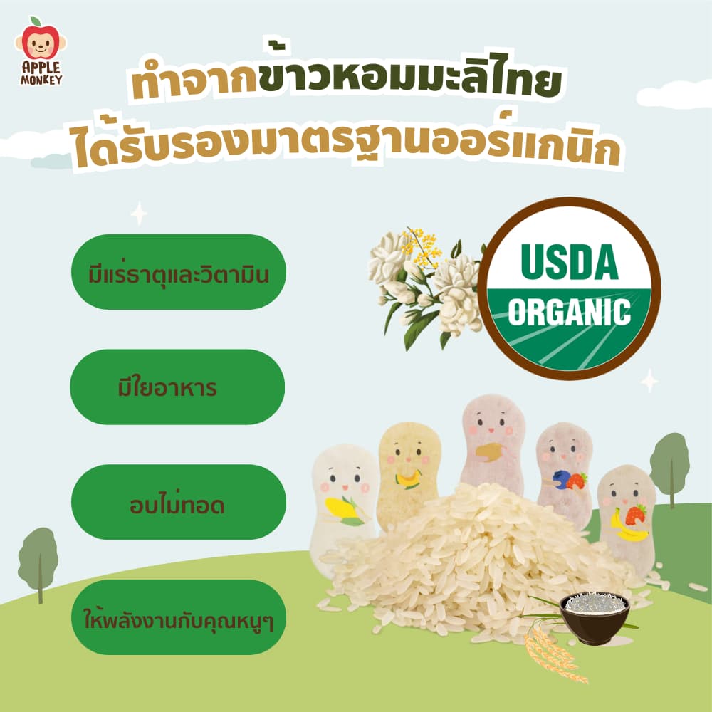 APPLE MONKEY ข้าวอบกรอบรสบลูเบอร์รี่สตรอเบอร์รี่ แพค 10 ซอง 30 กรัม รูปที่ 5