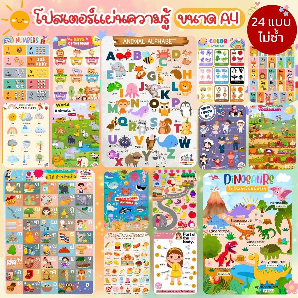 NEW!! แผ่นความรู้ 24 แบบ!! สำหรับเด็กอนุบาลขนาด A4 โปสเตอร์หัดอ่าน สื่อการสอนฝึกอ่านเสริมพัฒนาการ รูปที่ 1