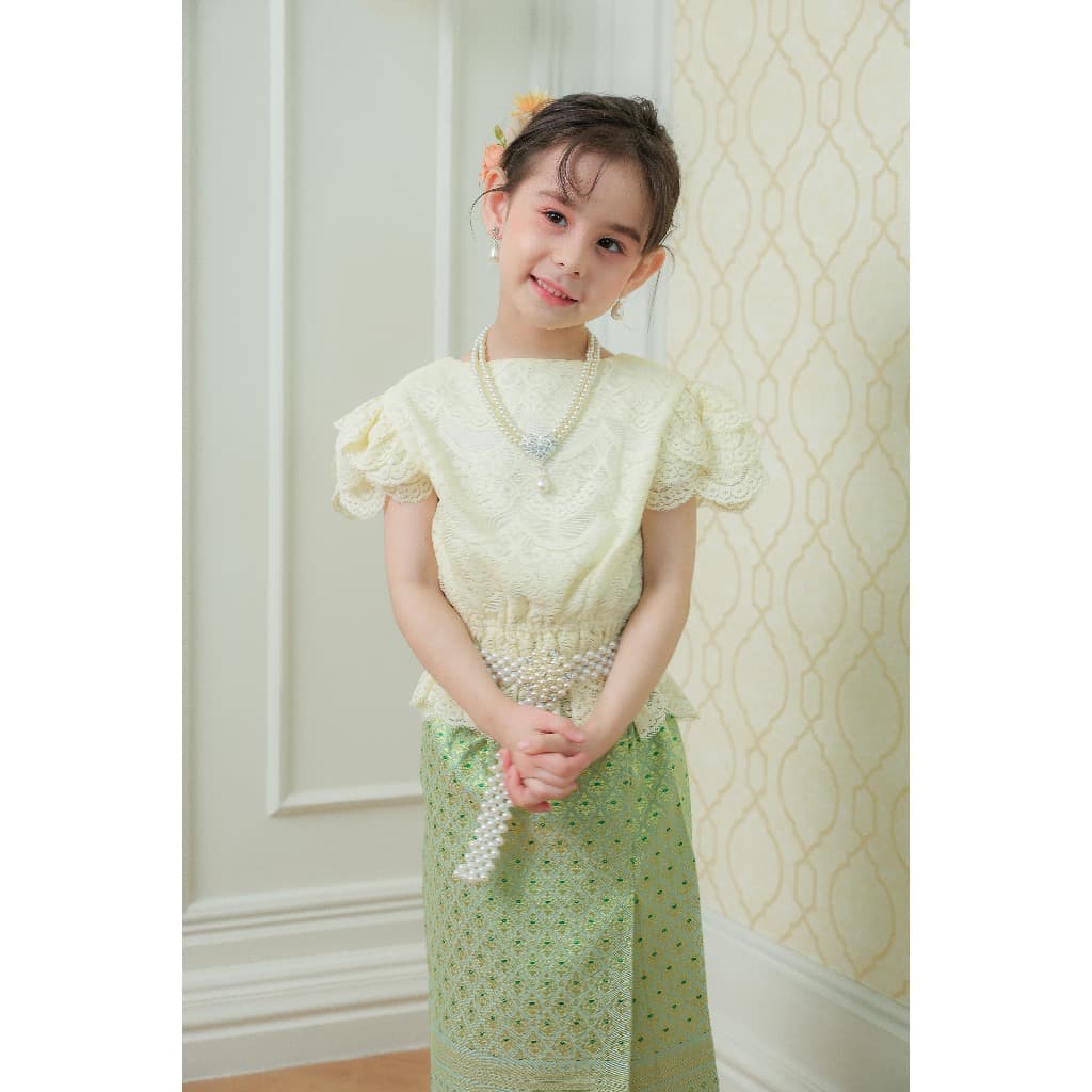 BS011 รุ่นหยกสยาม ชุดไทยเด็กผู้หญิง ประยุกต์ ออกงาน เสื้อลูกไม้มุก ลอยกระทง เด็กโต สีเขียวชมพู รูปที่ 4