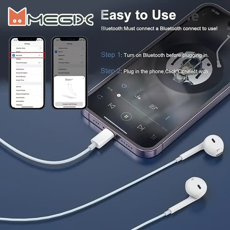 ชุดหูฟังบลูทูธแบบมีสาย Megix E2 พร้อมไมโครโฟนในตัวสำหรับ i6~i14 รูปที่ 2