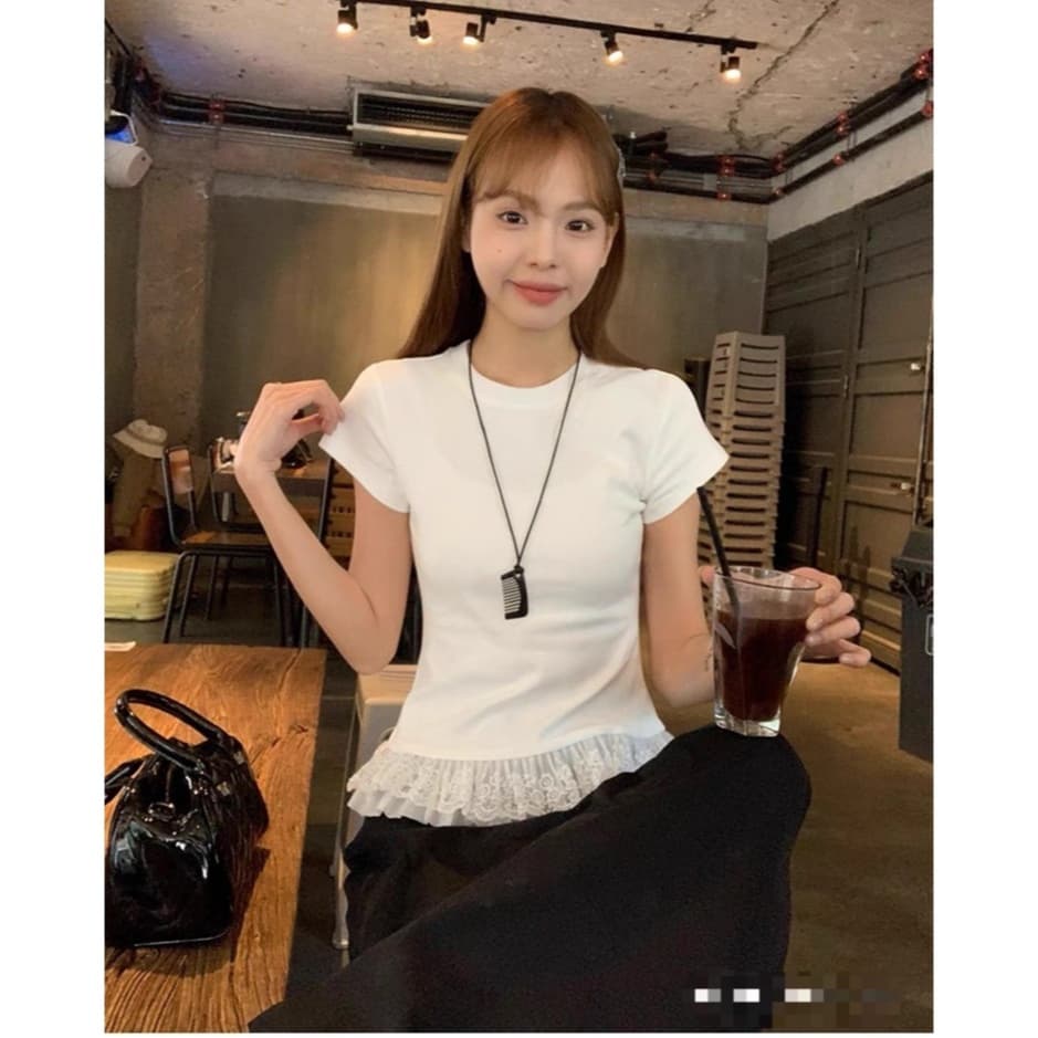 UMISO 100%cotton เสื้อยืดแขนสั้น เสื้อลูกไม้ คอกลมลายลูกไม้สีขาวสำหรับผู้หญิง รูปที่ 3