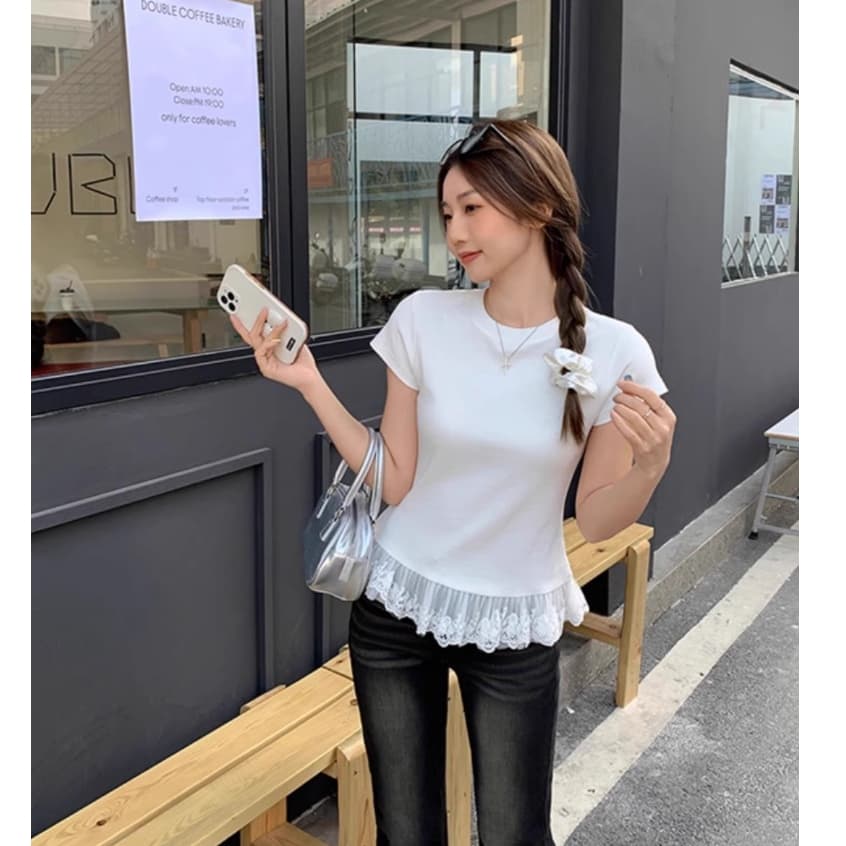 UMISO 100%cotton เสื้อยืดแขนสั้น เสื้อลูกไม้ คอกลมลายลูกไม้สีขาวสำหรับผู้หญิง รูปที่ 7