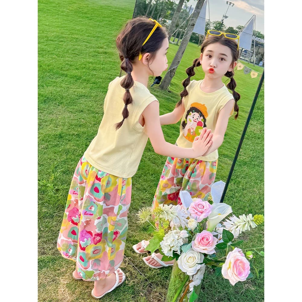 baby ชุดเช็ท เสื้อเเขนกุด+กางเกงลายดอกไม้ สีพาลเทลสุดน่ารัก สำหรับเด็กผู้หญิง เนื้้อผ้าใส่สบาย รูปที่ 2