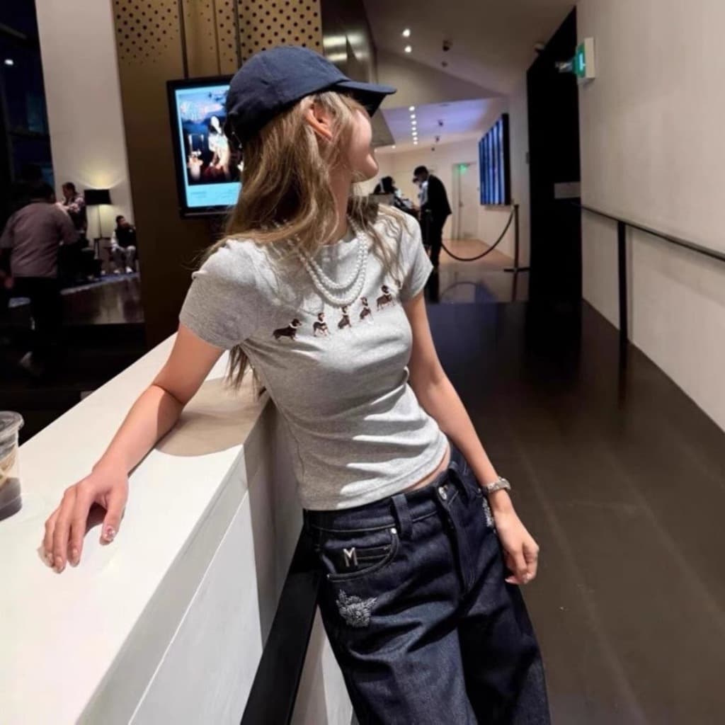 เสื้อยืดแขนสั้นคอกลม เสื้อยืดผู้หญิงลายน้องหมา น่ารัก ใส่topสวยมาก รูปที่ 8