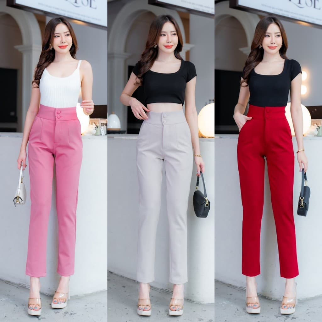 G377#1 กางเกงเอวสูง ขาเก้าส่วน กระดุมปั้ม 2 เม็ด ผ้าโรเชฟ ขาเดฟ 9 ส่วน กางเกงเก้าส่วน ใส่ทำงาน < 815SMEDDAY> รูปที่ 1