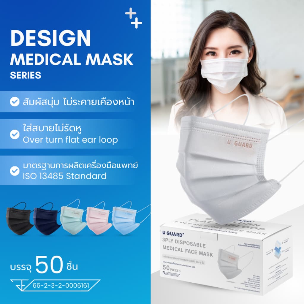 U-GUARD MASK หน้ากากอนามัย 3 ชั้น LV.1 OVERTURN FLAT EARLOOP ใส่สบายไม่เจ็บหู รูปที่ 3