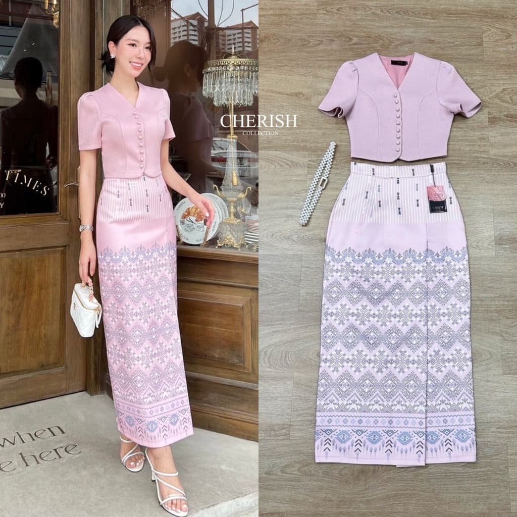 ร้านโค้ดคุ้ม Cherish ชุดไทย ฟ้า ชมพู ขาว เหลือง เสื้อคอวี ผ้าถุงสำเร็จ ใส่ออกงาน งานบุญ งานบวช รูปที่ 5