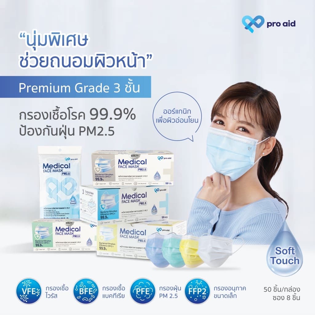 Pro aid หน้ากากอนามัยทางการแพทย์ 3 ชั้น รุ่นนุ่มพิเศษ ถนอมผิวหน้า อ่อนโยนกับผิวบอบบาง รูปที่ 4