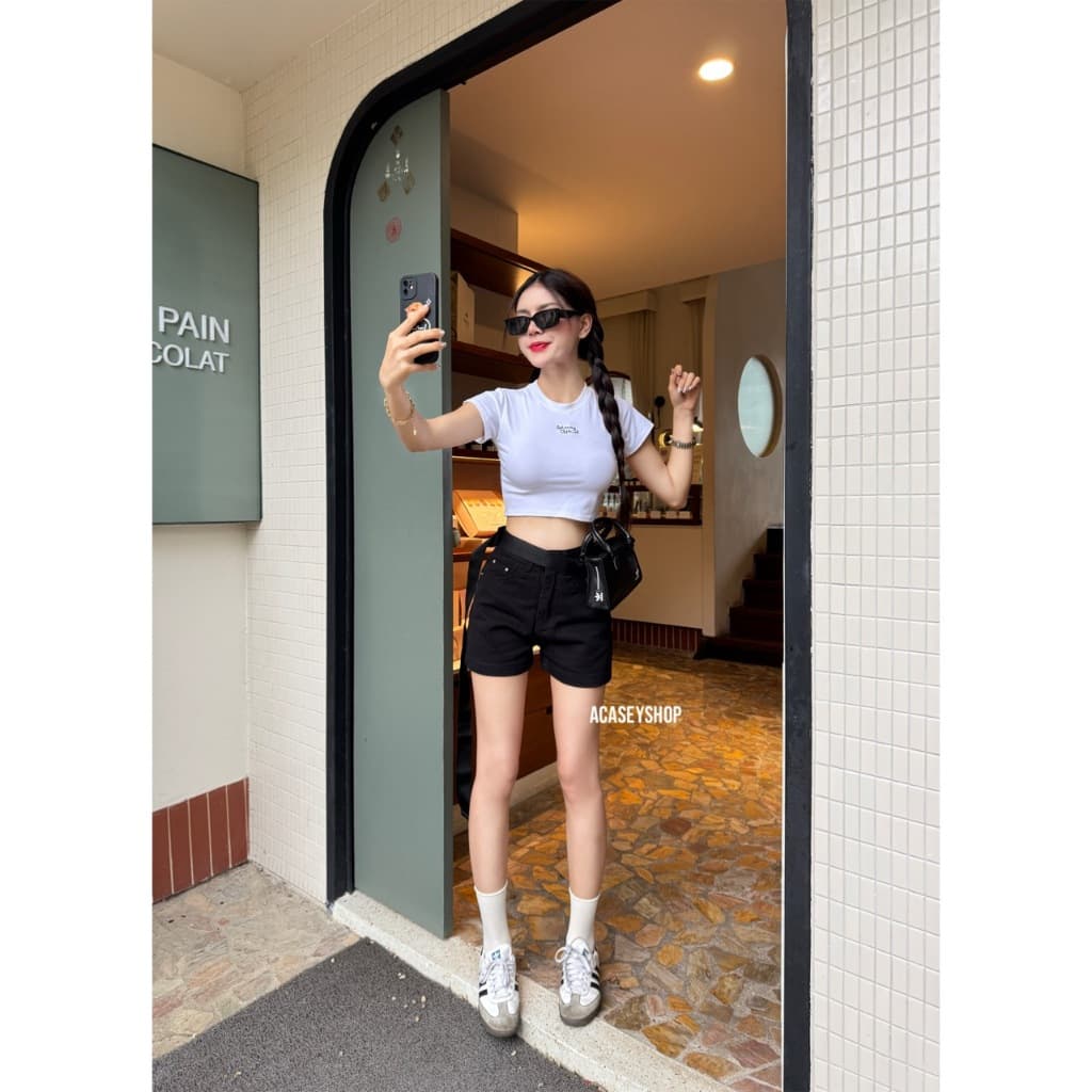 Acasey กางเกงยีนส์ผู้หญิง ขาสั้น ผ้ายีนส์ไม่ยืด ป้าย vintage ใส่สบาย ไซส์ S - XL รุ่น vintage Short รูปที่ 7
