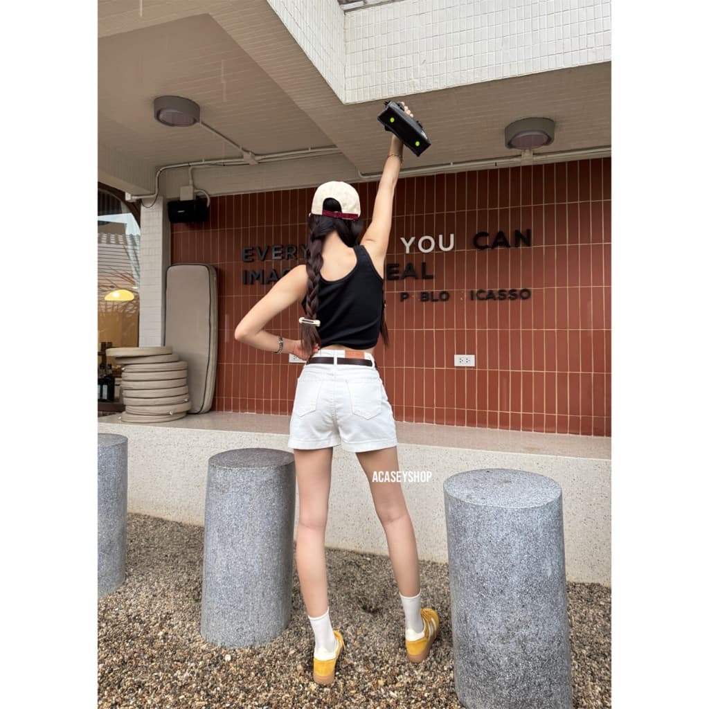 Acasey กางเกงยีนส์ผู้หญิง ขาสั้น ผ้ายีนส์ไม่ยืด ป้าย vintage ใส่สบาย ไซส์ S - XL รุ่น vintage Short รูปที่ 5