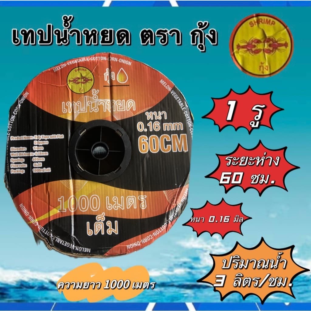 เทปน้ำหยด ตรา กุ้ง , ดราก้อน 1 รู ระยะห่าง40 ซม, 50ซม.,60ซม,หนา 0.16มิล ความยาว 1,000เมตรเต็ม รูปที่ 2