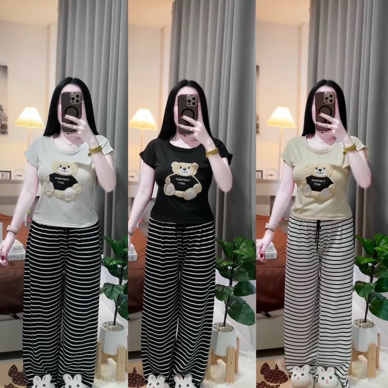 ชุดเซ็ต2ชิ้นหมีขายาวเสื้อปักรูปหมี+สกรีนรูปหมี น่ารักพร้อมกับกางเกงลายริ้วขายาว รูปที่ 1