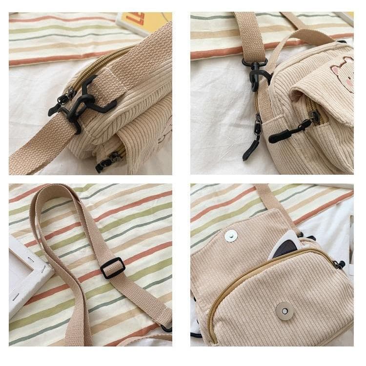 ซื้อ<1แถม1>99บาท กระเป๋าสะพายข้างผ้าลูกฟูก ลายหมีน่ารัก มี4สี รูปที่ 8