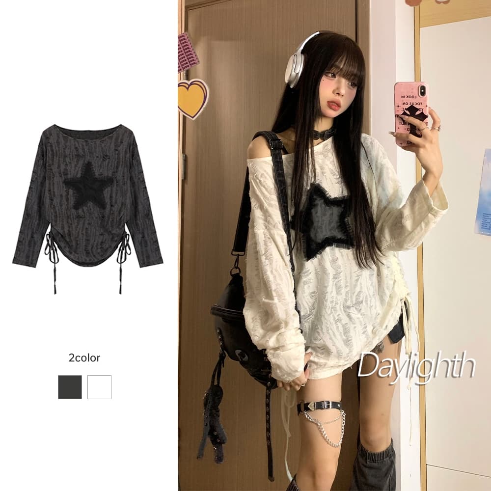 เสื้อยืดแขนยาว คอกลม ป้องกันแดด ทรงหลวม ลายดาว สามมิติ แฟชั่นฤดูใบไม้ร่วง สไตล์เกาหลี สําหรับผู้หญิง DL รูปที่ 1