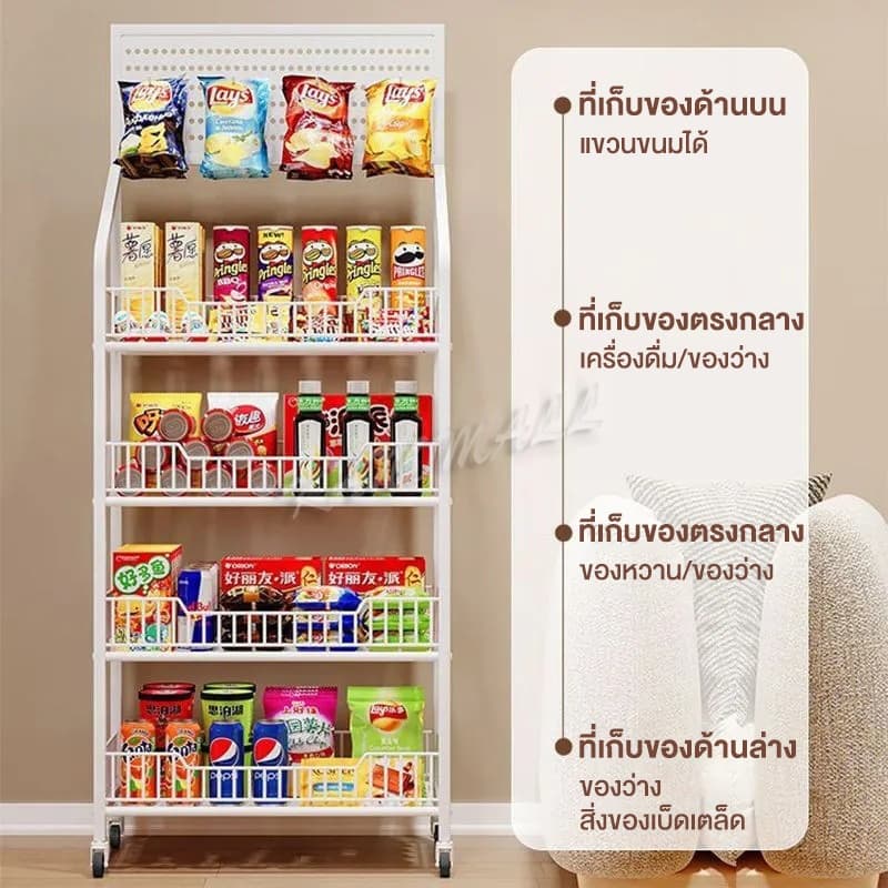 ชั้นวางของ ชั้นวางสินค้า ชั้นวางขนม 5ชั้น ชั้นวางของมีล้อเลื่อน มีสีขาว/ดำ อุปกรณ์เสริมต่างๆ ได้แก่ ตะขอและล้อ รูปที่ 8