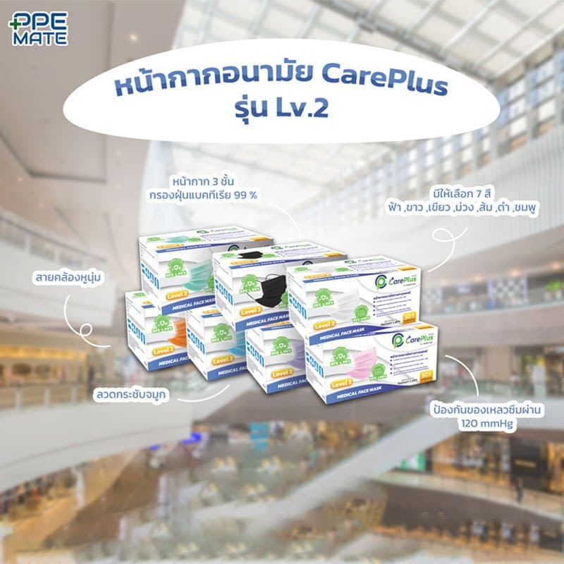 CarePlus Lv.2 หน้ากากอนามัยทางการแพทย์ 3 ชั้น | ป้องกันฝุ่นละออง | มลพิษ กันเชื้อโรค รูปที่ 2