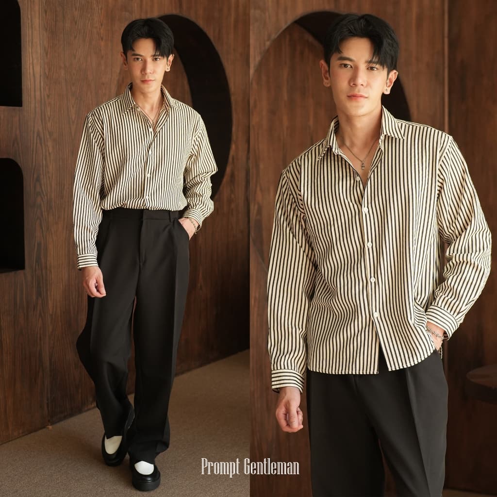เสื้อเชิ้ตครอปชายโค้ง ลายริ้ว หน้าสั้นหลังยาว Unisex Prompt Semi Crop Stripe Shirt มีไซส์ 40/44/48" รูปที่ 5