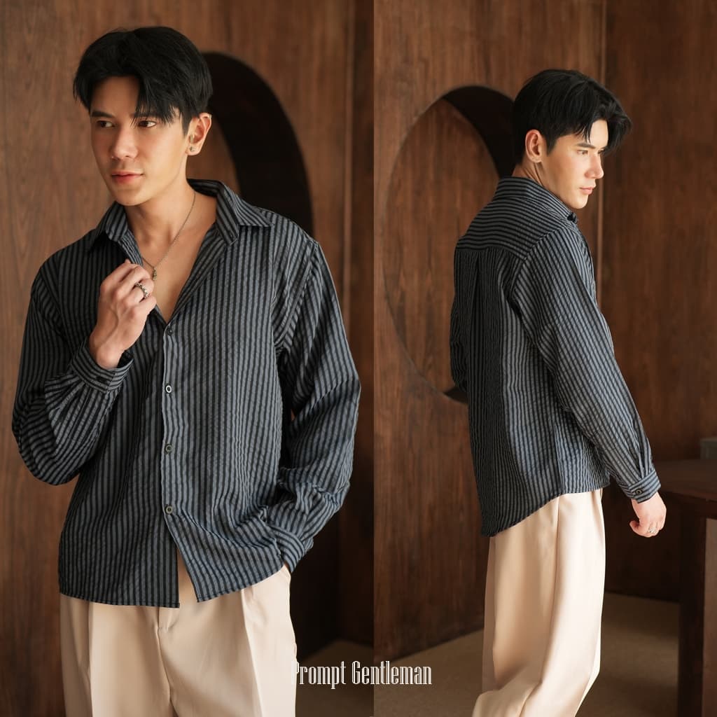 เสื้อเชิ้ตครอปชายโค้ง ลายริ้ว หน้าสั้นหลังยาว Unisex Prompt Semi Crop Stripe Shirt มีไซส์ 40/44/48" รูปที่ 6