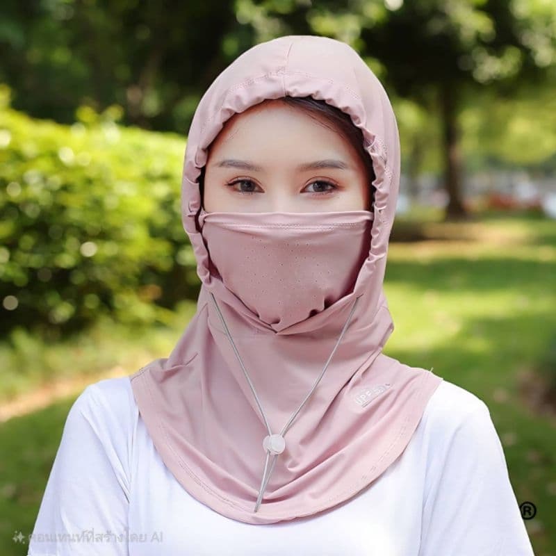 หมวกพร้อมหน้ากากกันแดด UPF50+ ผ้าไหมน้ำแข็ง เย็นสบายระบายอากาศได้ดี รูปที่ 7